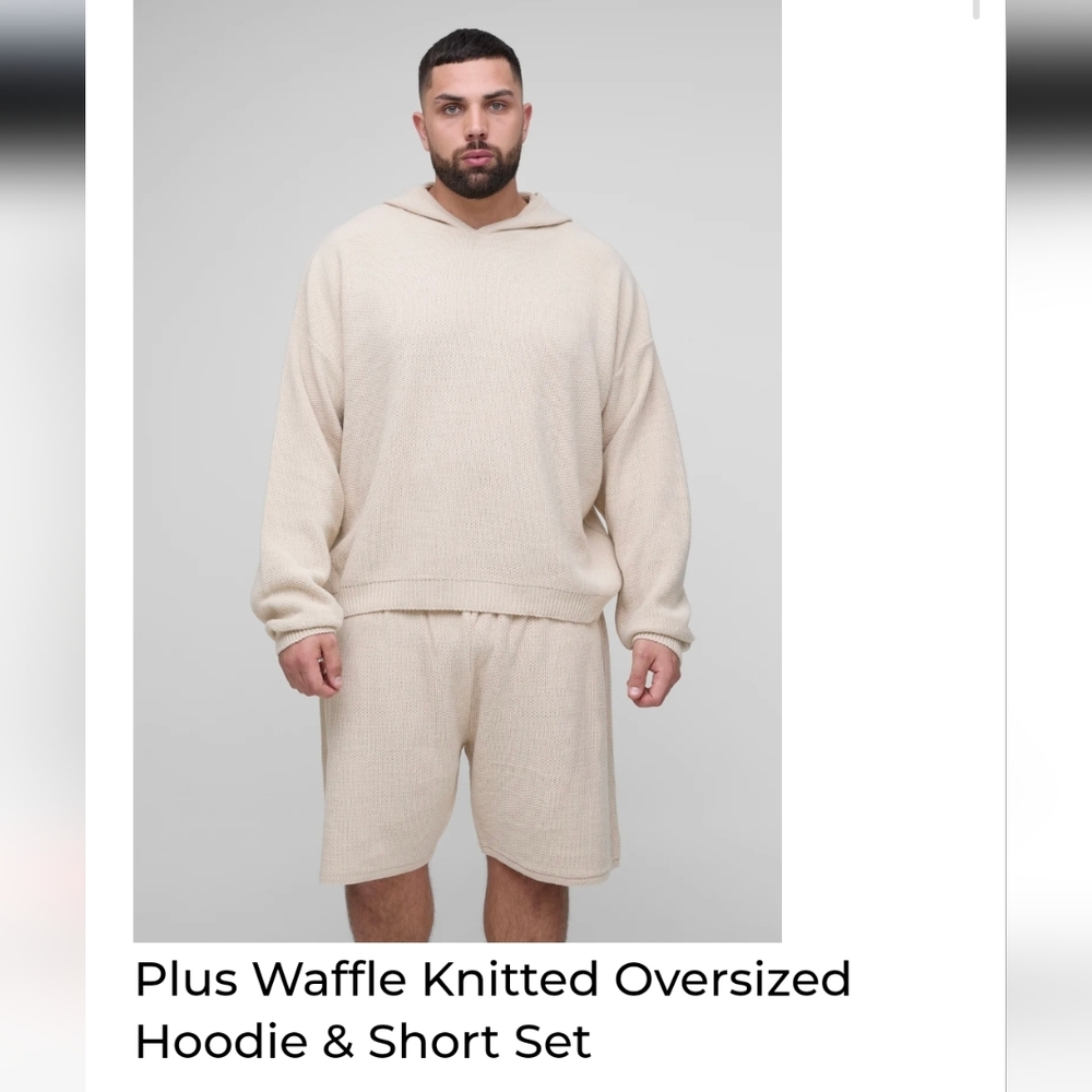 NWT Boohoo MAN Plus Waffle Knitted Oversized Hoodie & Short Set, 5XL